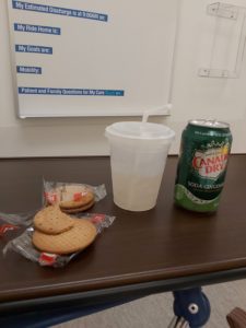 Digestive buscuits and ginger ale served at the hospital